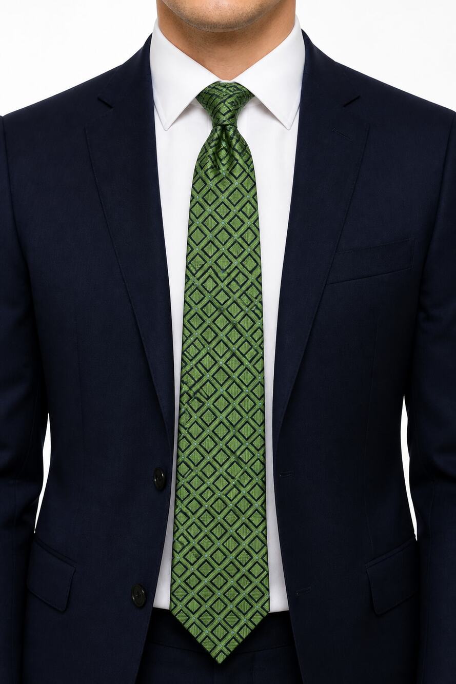 Tommy Hilfiger Men's Green Navy 100% Silk Geometric Diamond Necktie NWT Business